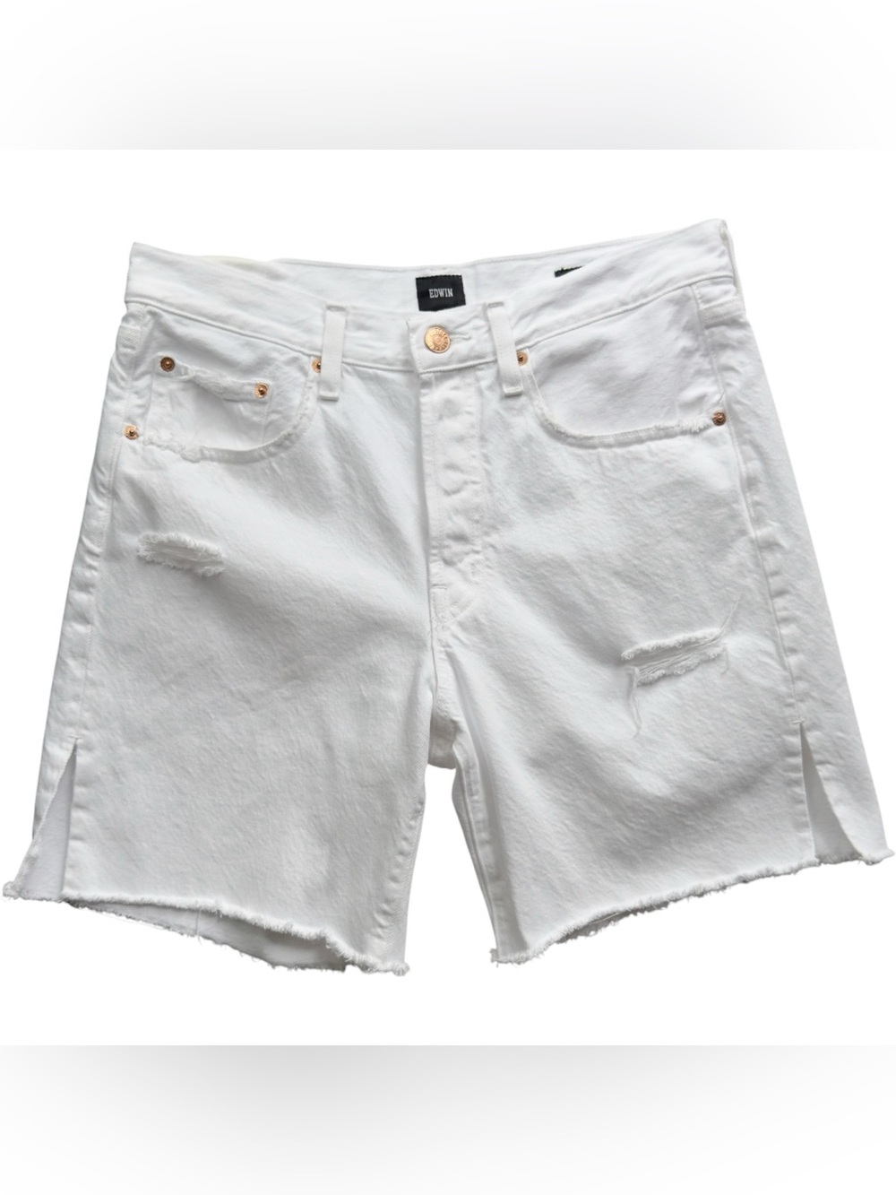 EDWIN Cai High Waist Denim Shorts 7” Inseam White Distressed Raw Hem 28 Women’s